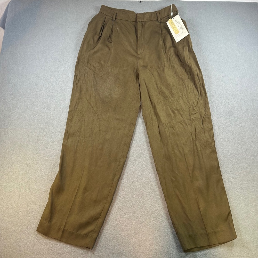 Linda Allard Ellen Tracy 100% Silk Pleated Trousers Olive Green Vintage Size 12